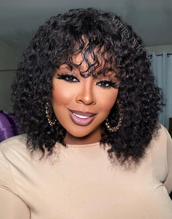 Curly Wig With Bangs Invisible Lace Glueless Human Hair Lace Wig - LFC031