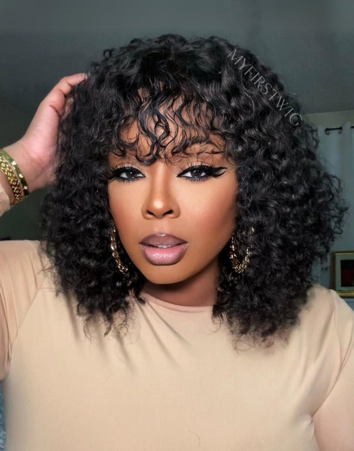 Curly Wig With Bangs Invisible Lace Glueless Human Hair Lace Wig - LFC031
