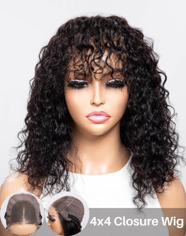 4x4" Closure Wig Chic 14 Inch Deep Wave Curly Wig With Bangs Invisible Glueless Lace Wig - FL4419