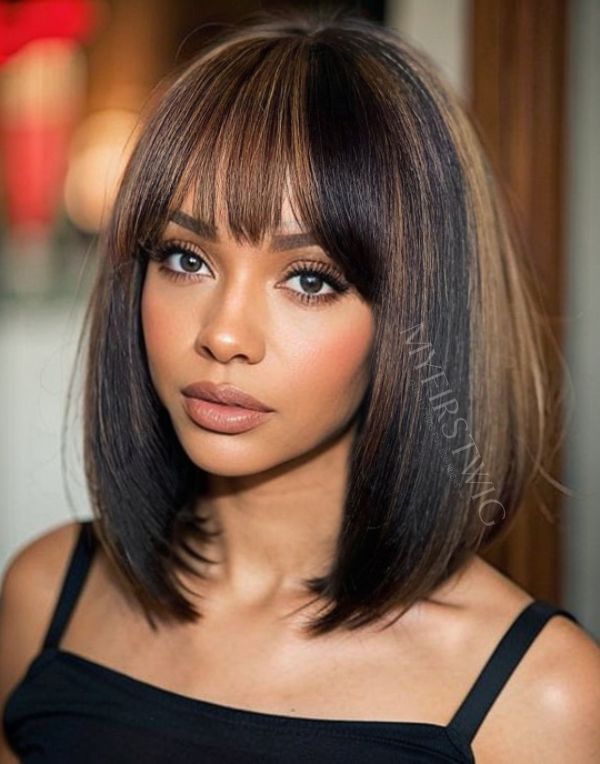 Highlight Brown Bob With Bangs Invisible Lace Glueless Human Hair Wig - LFB058