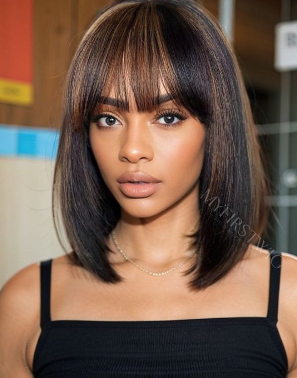 Highlight Brown Bob With Bangs Invisible Lace Glueless Human Hair Wig - LFB058