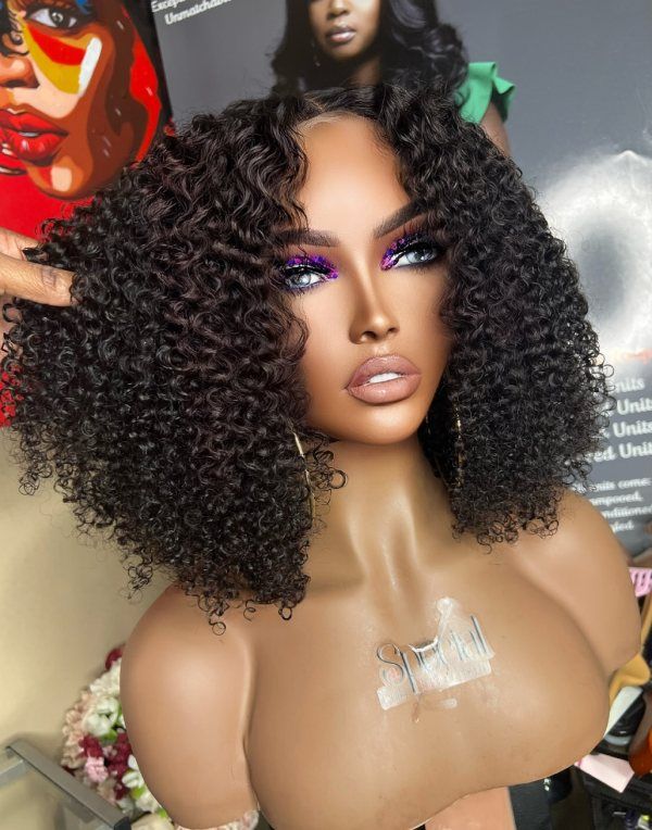 Aspecialunit - Shoulder Length Curly Human Hair Glueless Invisible Lace Front Wig - SPE100