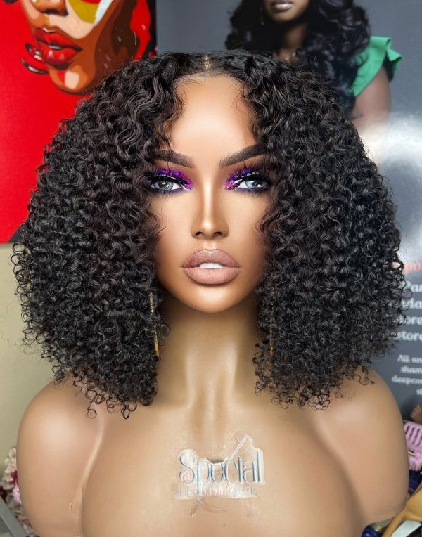 Aspecialunit - Shoulder Length Curly Human Hair Glueless Invisible Lace Front Wig - SPE100