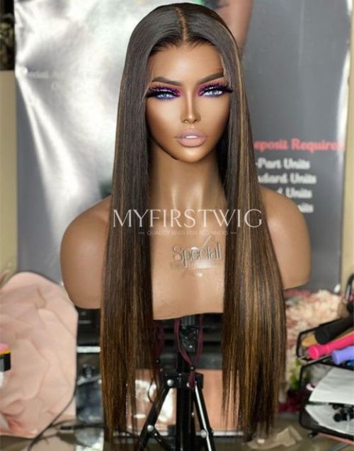 Final Deal - 16/20 Inch 4x4" Closure Wig Highlight Brown Glueless Human Hair Lace Wig - FL4449