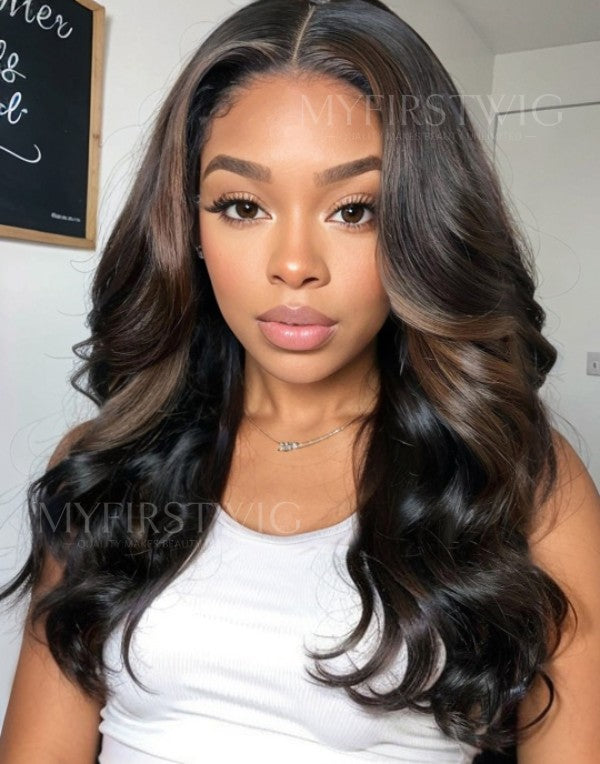 Aspecialunit-Malaysian Hair Brown Highlight Wavy Glueless Lace Front Wig - SPE007