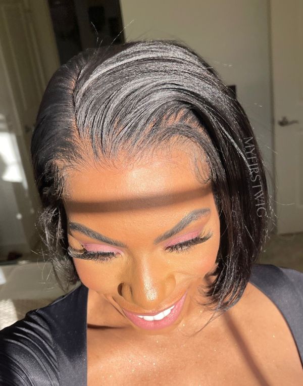 Glueless Natural Hair Yaki Texture Blunt Cut Bob Middle Part & Side Part Lace Front Wig - Yaki027