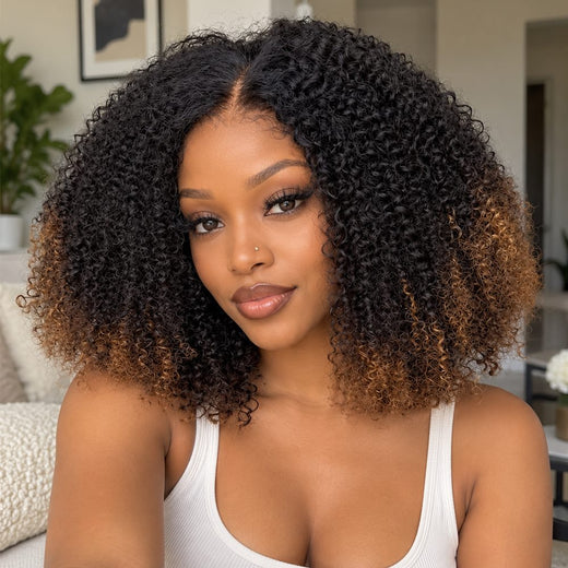 Ombre Honey Caramel Brown Kinky Curly Bob Wig HD Swiss Lace Human Hair Wig – LFC035