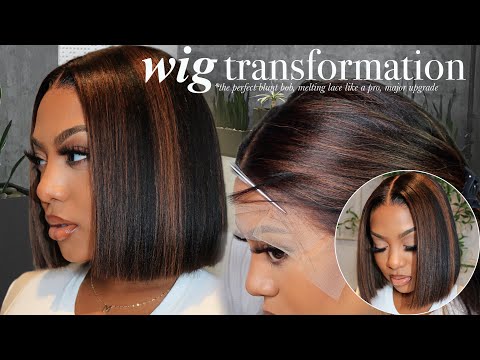 Touchedbyaye - Brown Highlight Blunt Cut Bob Yaki Texture Glueless Human Hair Lace Front Wigs - TBA044