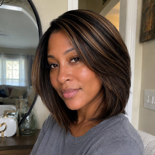 Side Swept Layered Yaki Bob Chestnut Brown Highlights Glueless Human Hair Lace Wigs - MAI031