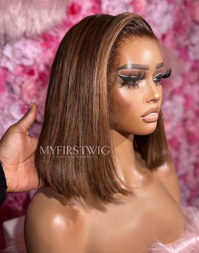 OpHair - Side Part Highlight Brown Human Hair Bob Glueless Invisible Lace Front Wig - OPH026