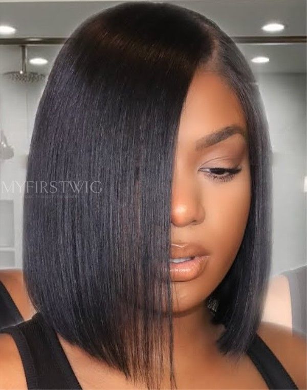 Side Part Sharp Cut Bob Invisible Glueless Lace Front Wig - LFB054