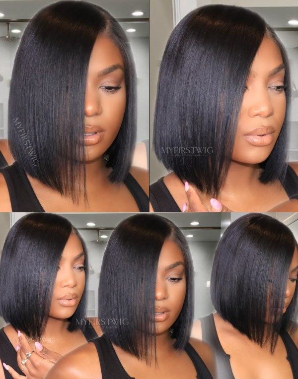 Side Part Sharp Cut Bob Invisible Glueless Lace Front Wig - LFB054