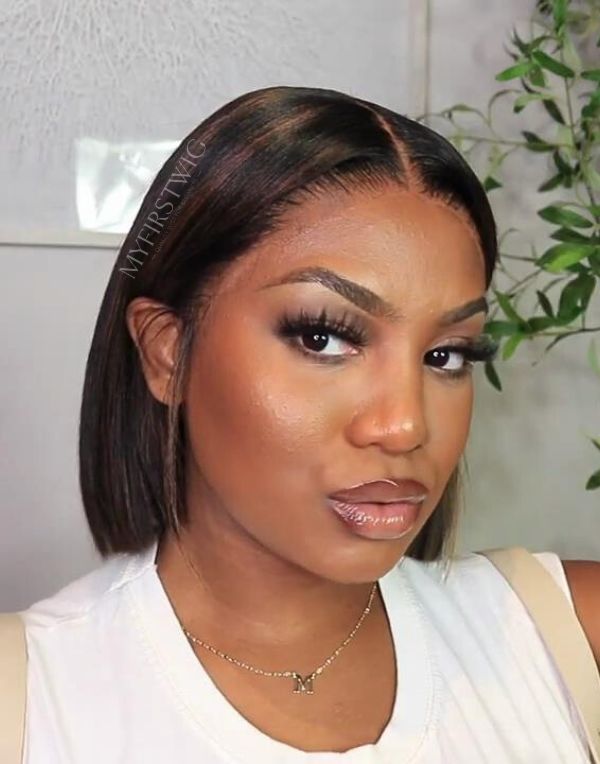Touchedbyaye - Brown Highlight Blunt Cut Bob Yaki Texture Glueless Human Hair Lace Front Wigs - TBA044