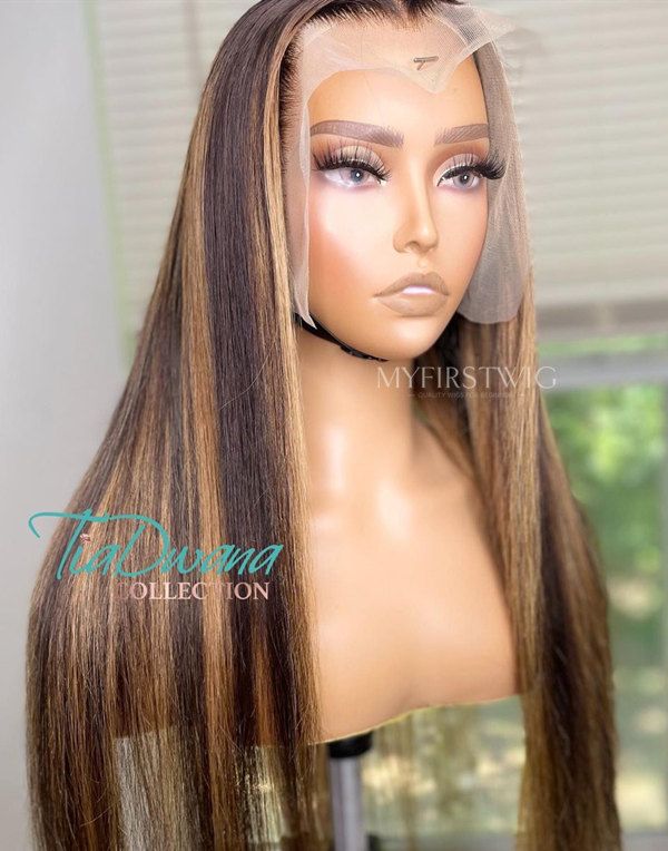 TiaDwana - Malaysian Human Hair Brown Highlight Straight Lace Front Wig - TDC002