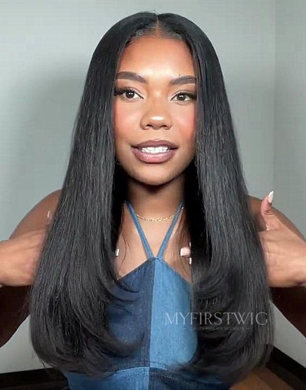 V Part Wig - Human Hair Layered Sleek Straight 16-22 Inch V Part Wig with Middle Part - VPS006