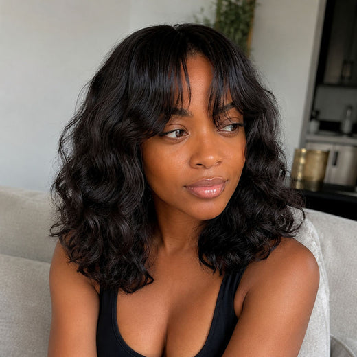 Water Wavy Bob With Curtain Bangs Human Hair Glueless Lace Wig - MAI028