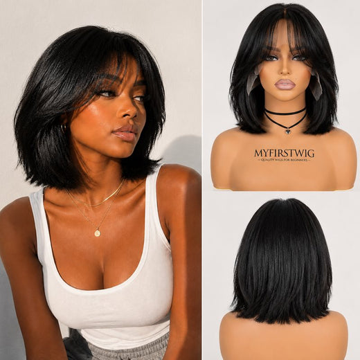 Yaki Bob with Curtain Bangs Glueless Human Hair Lace Front Wig - MAI025