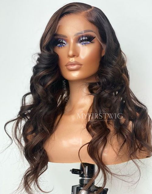 Dreyamichelle - Brown Highlight Malaysian Human Hair Wavy Lace Front Wig - TDM001