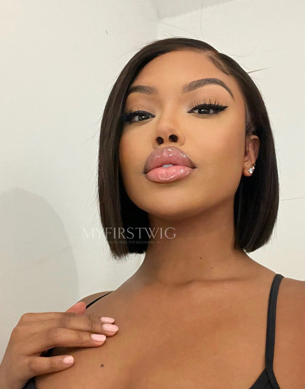 Kaayladee - Side Part Blunt Cut Black Bob Glueless Human Hair Invisible Lace Front Wig - KLD001