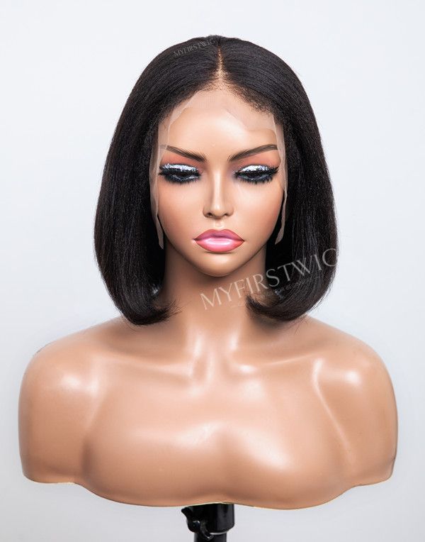 4C Natural Edges - Yaki Texture Middle Part Bob Glueless Invisible Lace Front Wigs - 4CEY003
