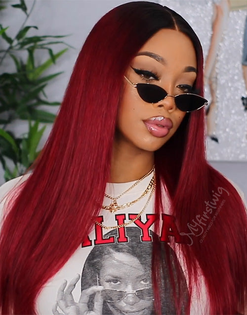 Aliyah - Human Hair Ombre Burgundy Lace Front Wig - LFW055