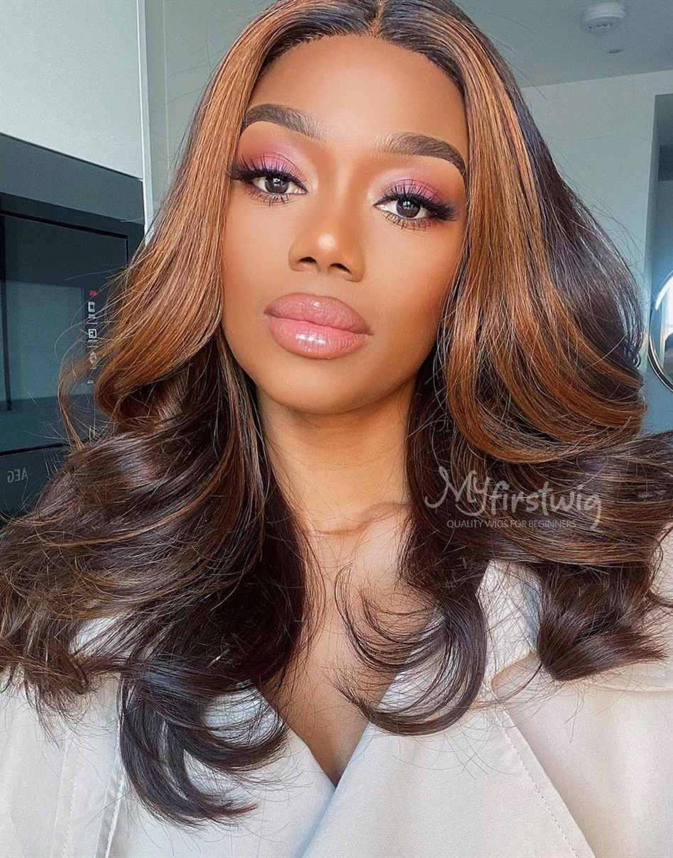 Coverupbyselorm - Human Hair Highlight Chocolate Brown Wavy Lace Front Wig - CBS015
