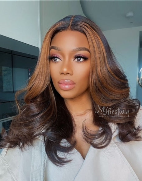 Coverupbyselorm - Human Hair Highlight Chocolate Brown Wavy Lace Front Wig - CBS015