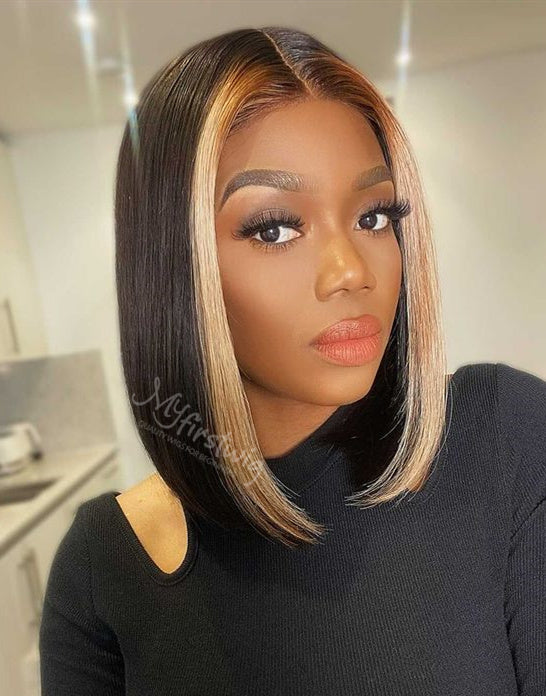 Coverupbyselorm Human Hair Highlight Blunt Cut Lace Front Wig