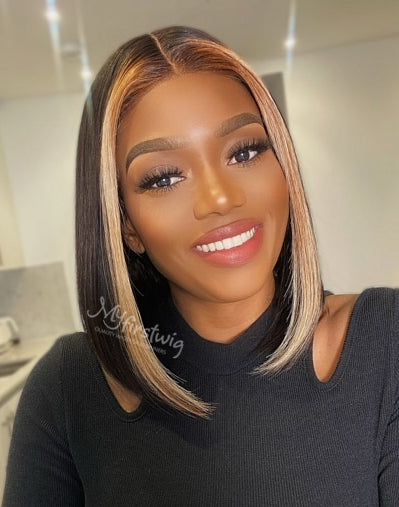 Coverupbyselorm Human Hair Highlight Blunt Cut Lace Front Wig CBS017