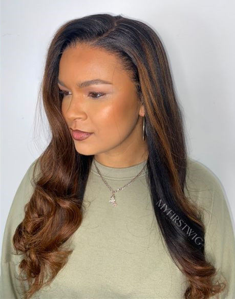 Getweaved - Human Hair Brown Highlight Wavy Lace Front Wig - GW001