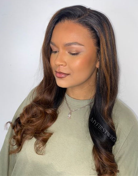 Getweaved - Human Hair Brown Highlight Wavy Lace Front Wig - GW001