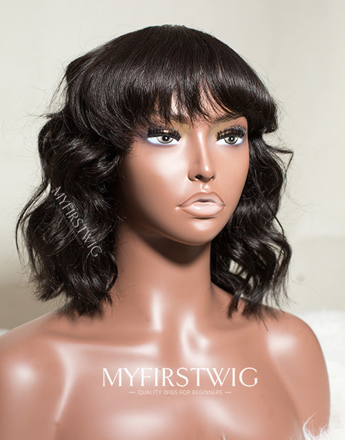 Malaysian Messy Wave Bob Wig With Bangs Lace Front Wig - LFW078
