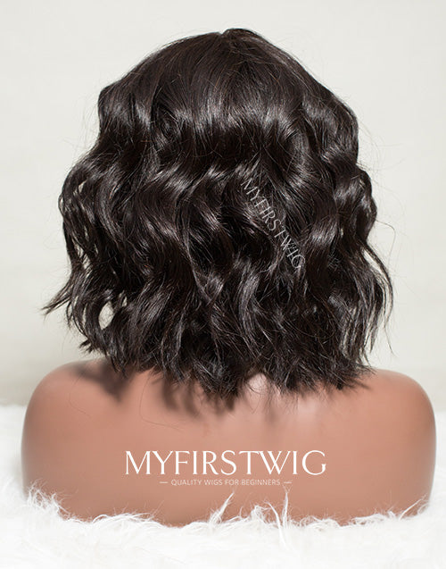Malaysian Messy Wave Bob Wig With Bangs Lace Front Wig - LFW078