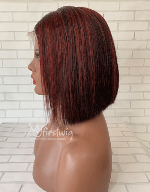 Deisha - Human Hair Burgundy Highlight Hair Bob Lace Front Wig - LFB011