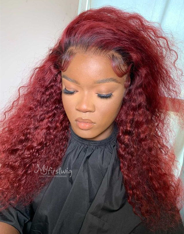 GGALORE - HUMAN HAIR CURLY LACE FRONT WIG BURGUNDY - GG002