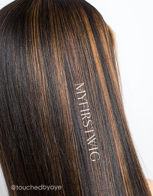 Touchedbyaye - Malaysian Human Hair Yaki Straight With Brown Highlight Lace Front Wig - LFS010