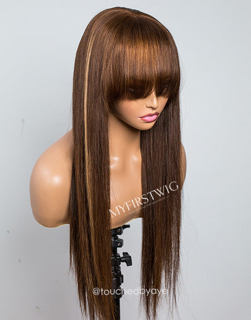 Touchedbyaye - Malaysian Human Hair Brown Straight Highlights With Bangs Lace Front Wig - LFS011