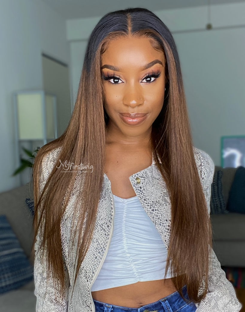 Cora - Human Hair Ombre Brown Straight Lace Front Wig - LFW050