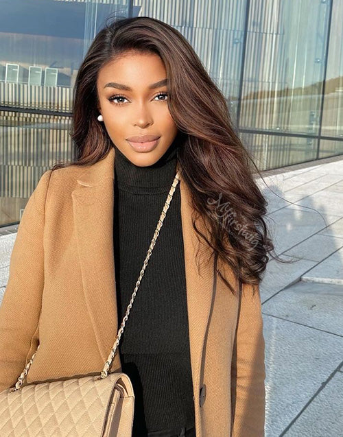 Mariah - Elegant Malaysian Human Hair with Brown Highlight Ombre Wavy Gluless Lace Front Wig - LFW062