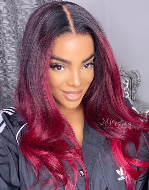 LILVANILLA - MALAYSIAN HUMAN HAIR OMBRE BURGUNDY WAVY LACE FRONT WIG - LIL003