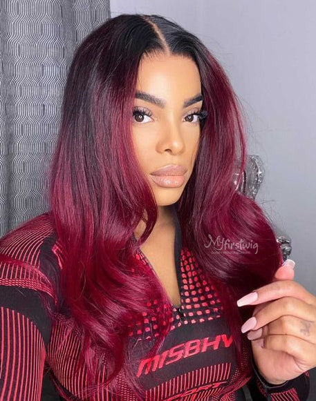 LILVANILLA - MALAYSIAN HUMAN HAIR OMBRE BURGUNDY WAVY LACE FRONT WIG - LIL003