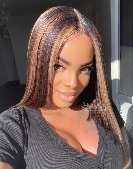 Lilvanilla - Human Hair Highlight Blunt Cut Lace Front Wig - LIL001