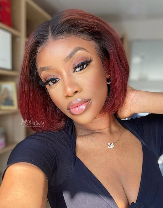 Quinn - Human Hair Ombre Burgundy Blunt Cut Bob Lace Front Wig - LFB022