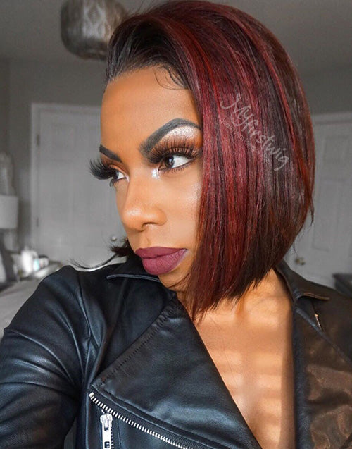 Symone - Human Hair Burgundy Highlight Short Yaki Bob Lace Front Wig - LFB028