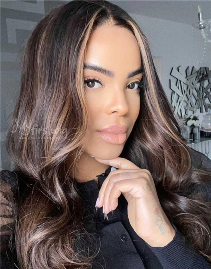 Lilvanilla - Human Hair Highlight Ombre Wavy Lace Front Wig - LFW054