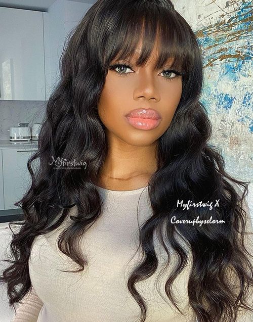 Coverupbyselorm - Malaysian Human Hair Beach Wave Wig With Bangs Lace Front Wig - CBS012