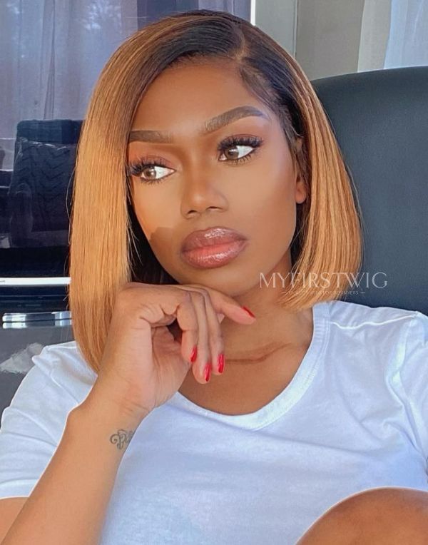 COVERUPBYSELORM - Malaysian Human Hair Ombre Brown Bob Glueless Lace Front Wig - CBS030