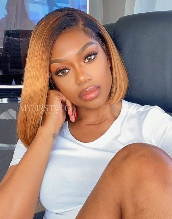 COVERUPBYSELORM - Malaysian Human Hair Ombre Brown Bob Glueless Lace Front Wig - CBS030