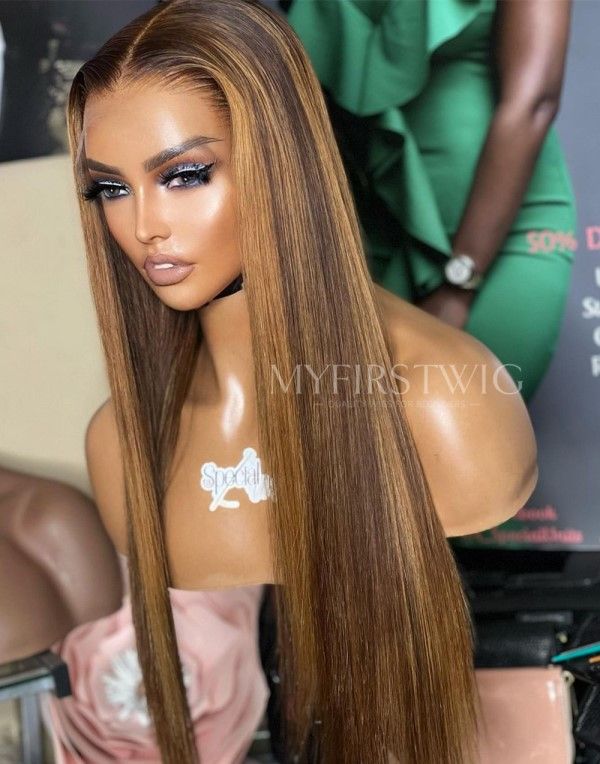 ASPECIALUNIT - Malaysian Hair Highlight Blonde Middle Part Straight Glueless Lace Front Wig - SPE057