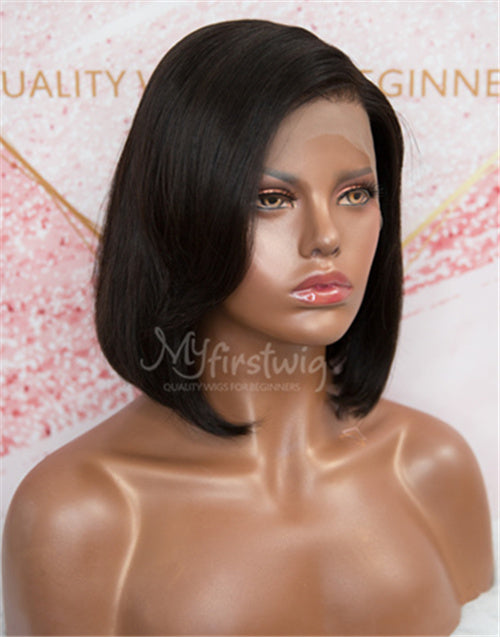 Michelle - Human Hair Elegant Short Black Bob Cut Glueless Lace Front Wig - LFB019